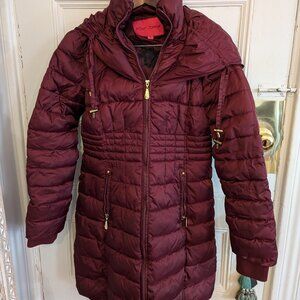 Betsey Johnson burgundy vegan puffer coat, knee length, Medium